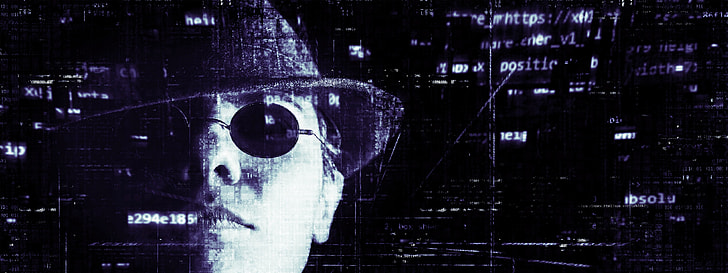 Face with fedora and tinted shades, with various bits of floating text, likely html.