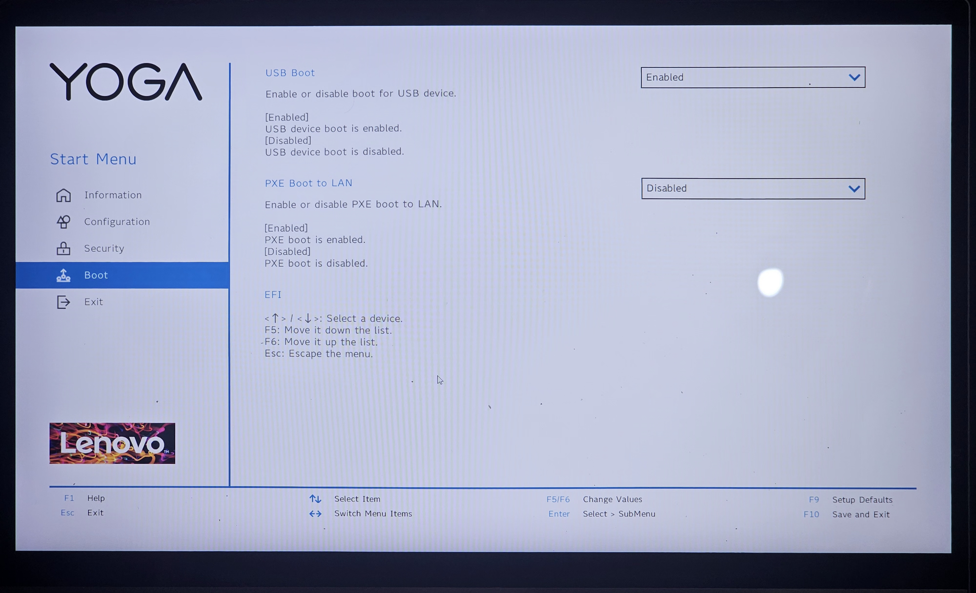 The Lenovo Yoga's rather friendly looking firmware screen. Visual and mouse based, with optional keyboard controls.